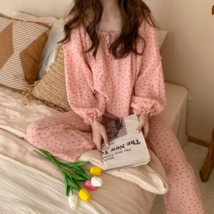 Vêtements de nuit pour femmes 100% coton fil femmes ensembles de pyjama cerise imprimé à manches longues filles douces couleur bonbon vêtements de nuit confortable décontracté vêtements de détente 230328