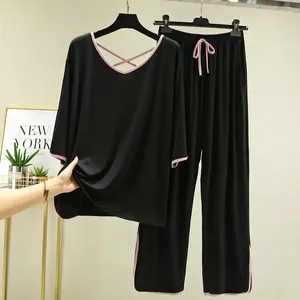 Vêtements de nuit pour femmes 2-300 livres Fat MM Pyjamas Femmes Summertime Plus Taille Lâche Col V Mince Peut être porté à l'extérieur Loungewear Dos nu Deux pièces