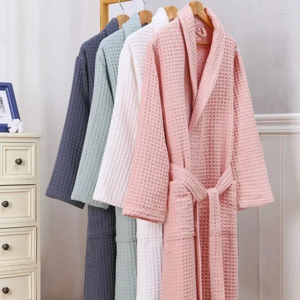 Ropa de dormir para mujer 2 capas Waffle El Robe Hombres Algodón Kimono Albornoz Toalla Baño Toma de agua Batas Mujeres Bata larga