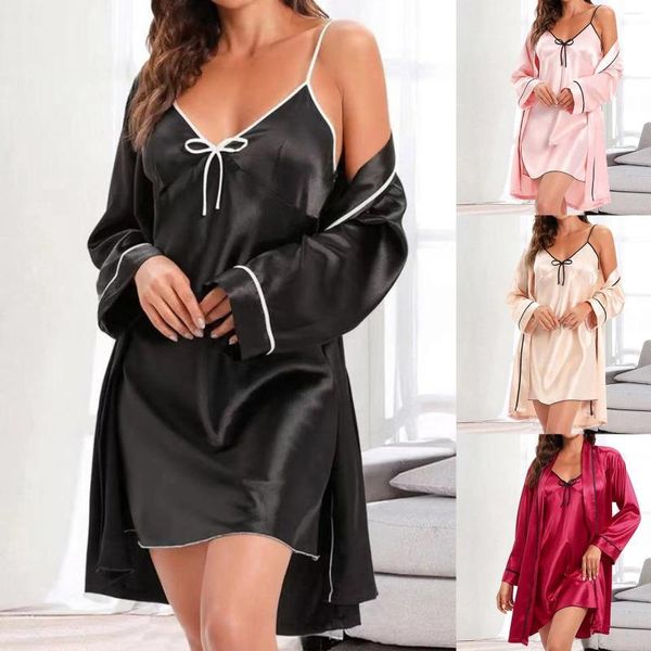 Ropa de dormir para mujer 2 PC Satin Sexy Mujeres Manga larga Cardigan Batas con correa de espagueti Camisones Color sólido Ropa suave para el hogar