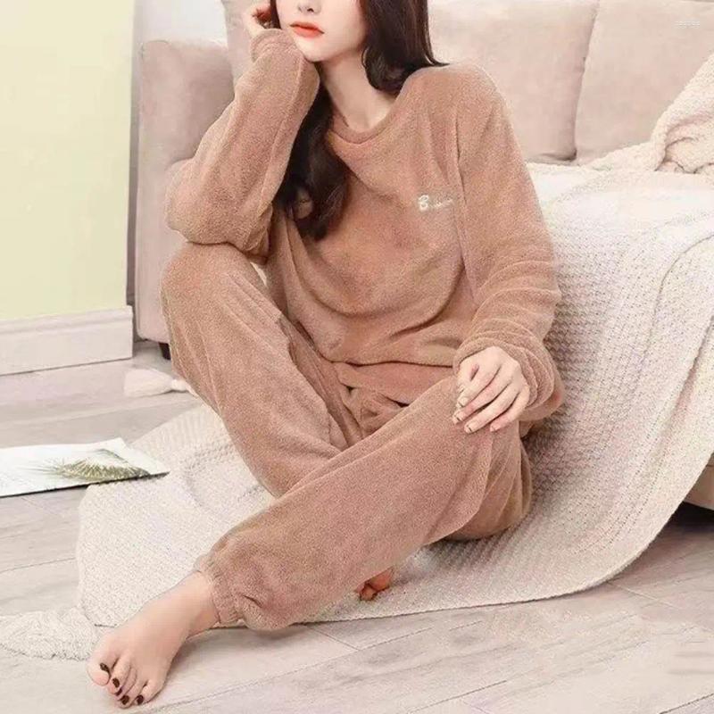 女性用スリープウェア2 PC/セット女性パジャマセットゆるい固形色の長袖ラウンドネック睡眠居心地の良いカジュアルナイトホームウェア