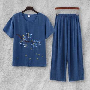 Dames nachtkleding 2 stks/set Dames top broek set omastijl O-hals bloemenprint elastische taille grootmoeder pyjama voor dagelijks gebruik