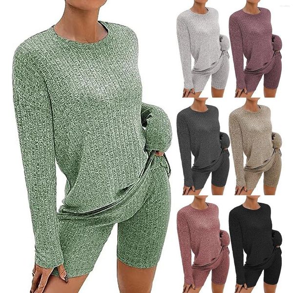 Vêtements de nuit pour femmes 2 pièces décontracté couleur unie tricot côtelé maison manches longues taille 8 maillot de bain femmes bas shorts