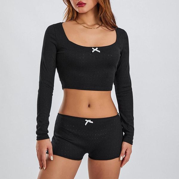 Vêtements de nuit pour femmes 2 pièces pyjama ensembles femmes vintage fée Y2K manches longues col carré crop tops shorts sous-vêtements féminins pyjamas vêtements de nuit