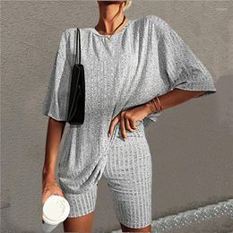 Sovkläder för kvinnor 2-delat Pyjamasset Damstickad T-shirt och shorts Fritidskläder Sommar lösa kortärmade kostymer
