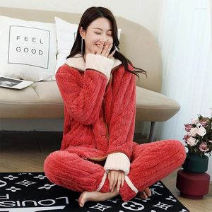 Vêtements de nuit pour femmes 2 pièces hiver femmes pyjamas ensemble doux épais flanelle longue homewear sommeil salon velours pyjama femme pyjama