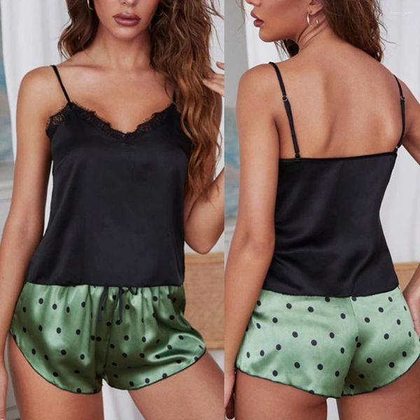 Vêtements de nuit pour femmes 2 pièces ensemble femmes soie satin pyjama shorts costume homewear à pois imprimé sous-vêtements de nuit sexy camisoles lingerie