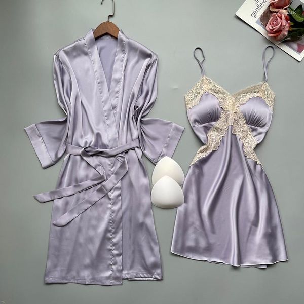 Ropa de dormir para mujer, 2 piezas, pijamas de satén morado para mujer, conjuntos de bata y bata, pijamas de vestido de noche de baño de encaje