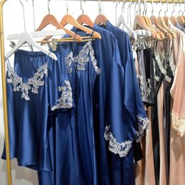 Dames slaapkleding 2022 PAJAMAS MULBERRES Silk 19 mm lange jurk blauw sexy kanten multi -stuk huis pak gewaad raden voor vrouwen