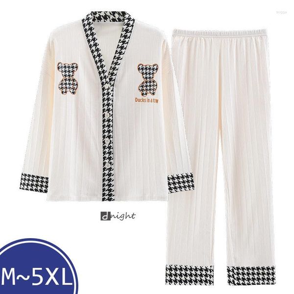 Vêtements de nuit pour femmes 2023 Arrivée Femmes Coton Pyjamas Automne Dames Dormir Casual Kimono Col Sommeil Ensemble avec Pantalon Grande Taille 5X