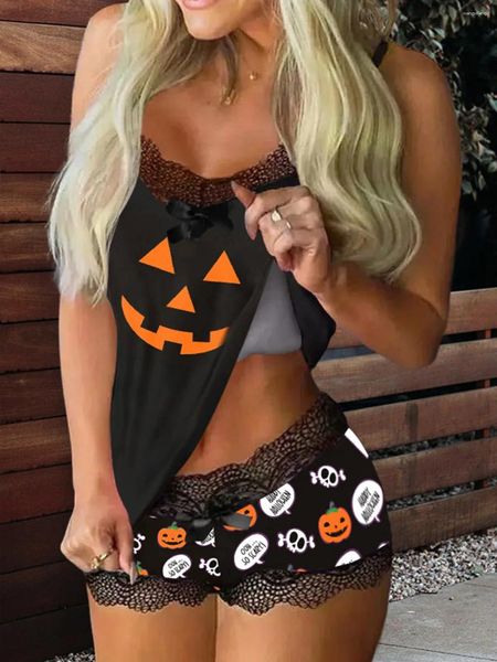 Ropa de dormir para mujer 2023 Moda de otoño Halloween Cara de calabaza Camisola de encaje Pantalones cortos Conjunto de pijamas Diseño interior Encantador Divertido Suelto Casual para