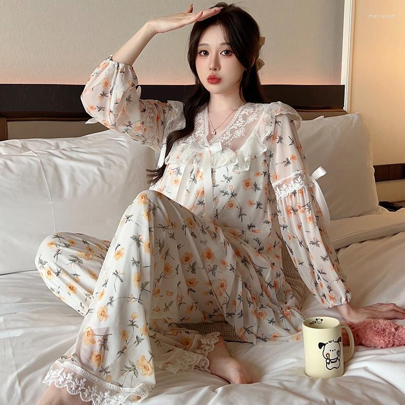 Mulheres sleepwear 2023 outono doce princesa manga longa modal impressão pijama conjuntos para mulheres coreano bonito renda pijama homewear roupas de casa