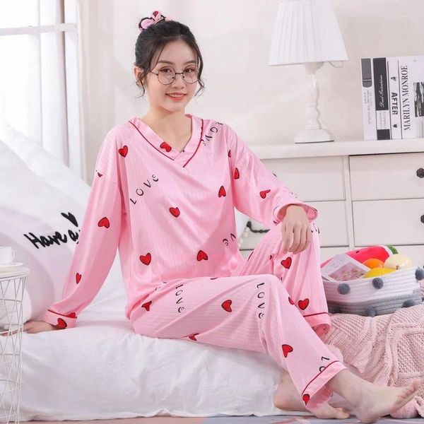 Ropa de dormir para mujer, pijamas de manga larga con cuello en V de dibujos animados, lencería Sexy, pijamas de seda, ropa de descanso, conjunto de fresas para mujer 2 piezas 2023