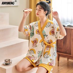 Vrouwen Nachtkleding 2023 Mode Zomer Pyjama Voor Tienermeisjes Kawaii Beer Afdrukken Zachte Katoen Kimono Boog Ornament Pijamas Lady