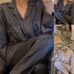 Ropa de dormir para mujer 2023 Francés Casual Seda de hielo Mujeres delgadas Color Sólido Cuello de solapa Conjuntos de pijamas de manga larga Pantalones largos Conjunto de ropa para el hogar