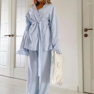 Sleeping Women's Slembear 2023 Imitation Silk Pyjamas for Women Solid Cardigan Long Petal Sleeve Pantalons de nuit 2pcs Casual Loose Ladies Home
