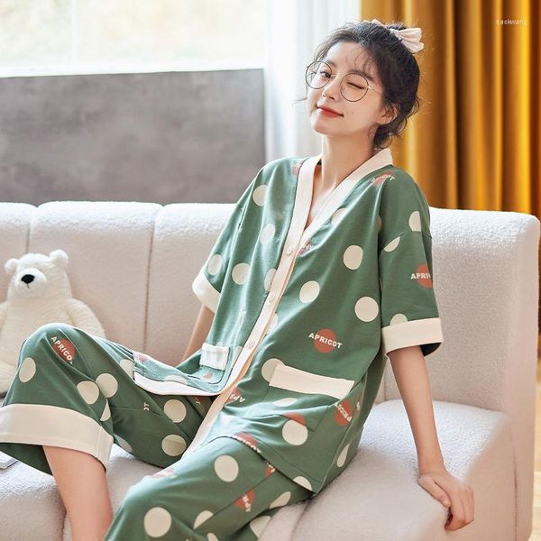 Ropa de dormir para mujer, Kimono dulce de verano japonés 2023, Tops cortos para dormir para mujer, conjunto de pijama con pantalón de pantorrilla, ropa bonita para el hogar para mujer, pijama para mujer