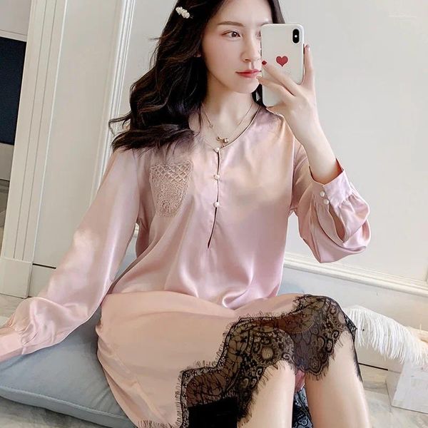 Ropa de dormir para mujer 2023 Coreano Sexy Mujeres Ropa de dormir Manga larga Encaje Princesa Otoño Seda Chemise Mancha Nightgown Pink Plus Tamaño Nighties