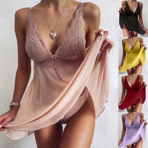 Ropa de dormir para mujer 2023 Vestido de noche Mujeres Pijamas Lencería sexy Camisón Profundo con cuello en V Camisones de malla Ropa de casa Mini vestido para dormir