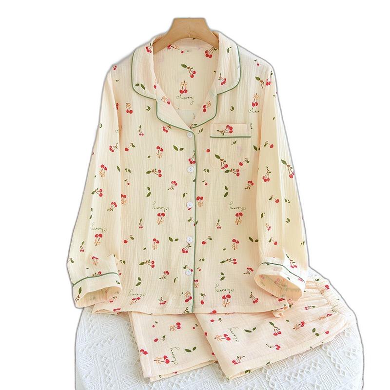 Women's Sleepwear 2023 Pajamas Autumn Spring Long Sleeve Soft Set Cherry Print Pyjama Woman Home Nightwear Cardigan
