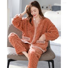 Damen Nachtwäsche 2023 Pyjamas Winter Korallen Fleece Loungewear Warm Lose Dicke Herbst Flanell V-ausschnitt Homewear Anzug