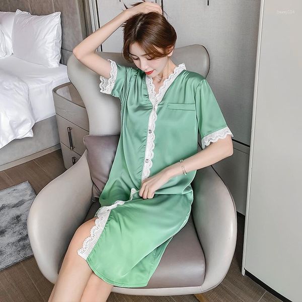 Ropa de dormir para mujer 2023 Pijamas Mujeres Coreano Sexy Lace Nightgown Seda de hielo Lujoso Robe Summer Sleepshirts Sweet Princess Style Nightdress