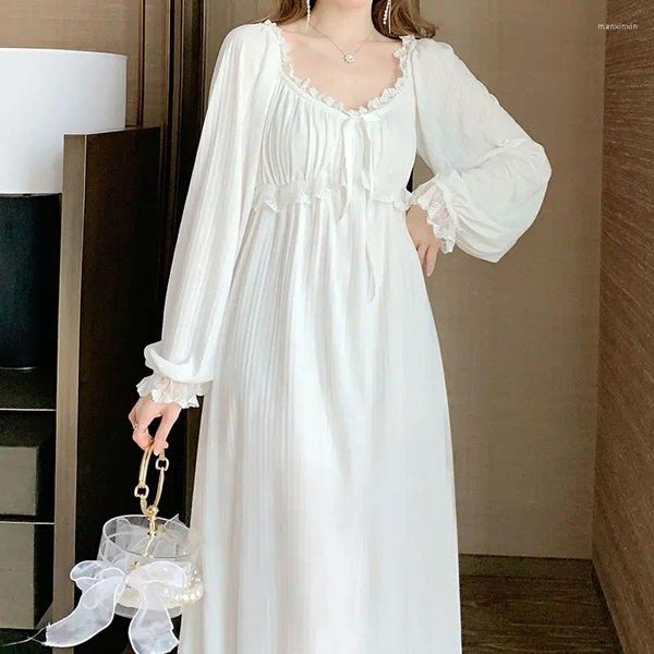 Veilleurs pour femmes 2023 Princesse vintage Couleur blanche Couleur complète Manches de nuit Femmes Automne Pure Coton Long Night Robe Girls Home X51