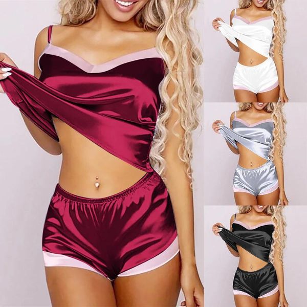 Vêtements de nuit pour femmes 2023 Pyjamas Femmes Camisole Sleep Wear Sexy Stain Silk Pyjamas Ensembles Lady Nightgown Tops et Shorts Lingerie Set Home