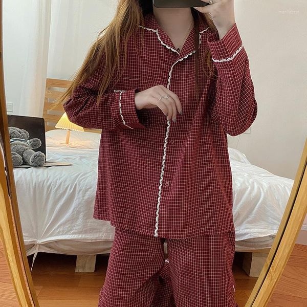 Vêtements de nuit pour femmes 2023 rouge à carreaux à manches longues pyjamas ensembles femmes printemps automne pyjama costume pantalon filles Pijama maison porter cadeau de noël
