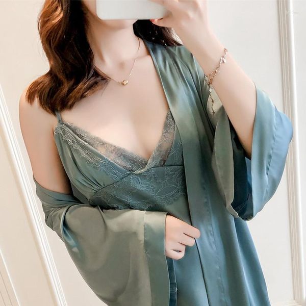 Vêtements de nuit pour femmes 2023 ensemble Sexy Kimono peignoir robes solide Satin maison Sress chemise de nuit déshabillé salon été femmes Robe en dentelle