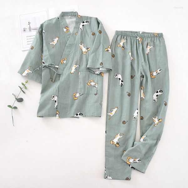 Vêtements de nuit pour femmes 2023 Ensemble de pyjamas Kimono à sept manches de style japonais Femme Printemps et Automne 99% Coton Gaze Maison Vêtements Mignon Doux