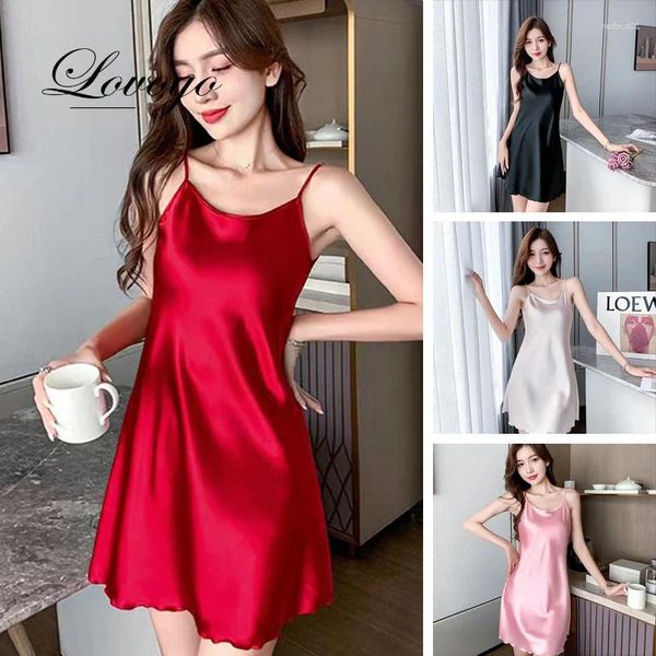 Ropa de dormir para mujer 2023 Sexy camisón de satén Lotus Hem Sling vestido Chemise Mini camisón mujer lencería ropa de noche verano