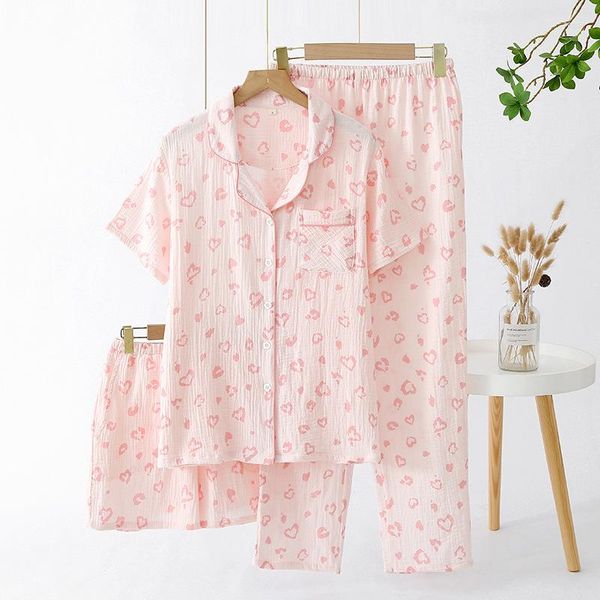 Vêtements de nuit pour femmes 2023 printemps été crêpe coton pyjamas 3 pièces à manches courtes Shorts pantalon doux et confortable Homewear