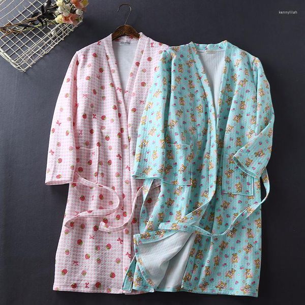 Ropa de dormir para mujer 2023 Primavera Mujeres Japonés Kimono de alta calidad Dormir Robe con clip de cinturón Algodón Damas Casual Dibujos animados Camisón Bolsillo