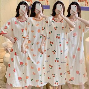 Vêtements de nuit pour femmes 2023 Summer Cotton Print Chemises de nuit à manches courtes pour femmes coréennes robe longue en vrac chemise de nuit nuit maison nuisette