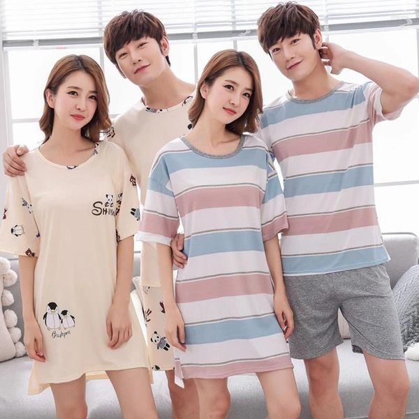 Vêtements de nuit pour femmes 2023 Couple d'été Chemises de nuit à manches courtes Femmes Coréenne Casual Robe de nuit rayée Chemise de nuit Hommes Homewear Vêtements