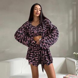 Frauen Nachtwäsche 2023 Sommer Mode Strickjacke Gedruckt Pyjamas Nachthemd Casual Drei-stück Set Damen Hause Kleidung