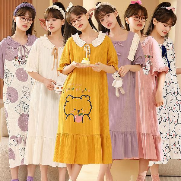 Vêtements de nuit pour femmes 2023 Été Plus Taille Manches courtes Coton Chemises de nuit pour femmes coréennes mignonnes de dessin animé chemise de nuit robe de nuit maison nuisette