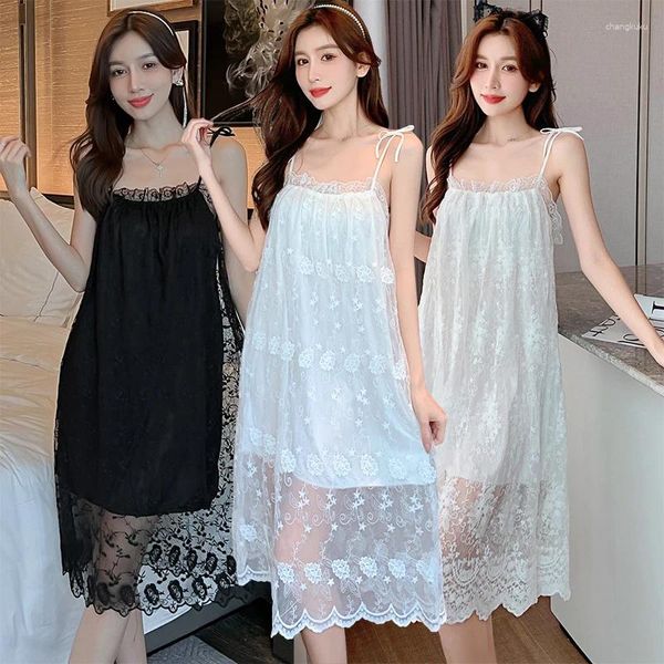 Ropa de dormir para mujer 2023 Verano Sexy Lace Lencería Spaghetti Strap Camisones de algodón para mujeres Lindo Nightdress Night Drsee Home Nighty