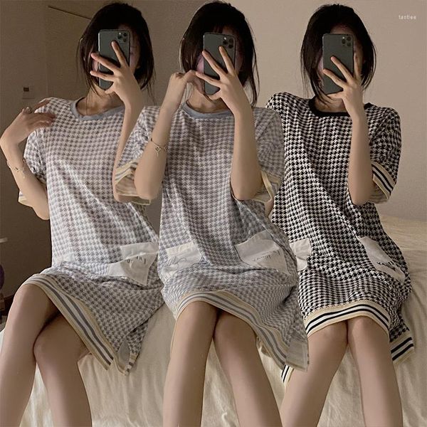 Vêtements de nuit pour femmes 2023 Été à manches courtes Casual Plaid Coton Chemises de nuit pour femmes coréennes Robe de maison en vrac Robe de nuit Nightdress Nighty