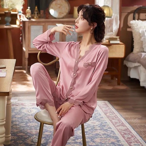 Pyjama d'été en dentelle de soie pour femmes, pyjama Sexy en Satin, manches longues, vêtements de maison fins, ensemble de vêtements de détente, 2023