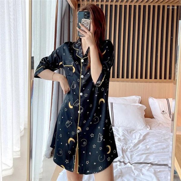 Vêtements de nuit pour femmes 2023 Été Soie Satin Sexy Mini Robe Chemises de nuit pour femmes coréennes à manches courtes Chemise de nuit Home Nighty