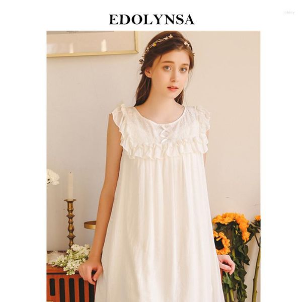 Vêtements de nuit pour femmes 2023 Summer Femmes Home Wear Vintage Chemise de nuit élégante O-cou sans manches à volants longue robe de nuit en coton blanc H848