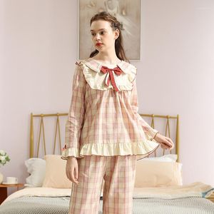 Dames slaapkleding 2023 Tweede stuk pyjamas vrouwen herfst schattige boog met lange mouwen college plaid kanten huis servicepak katoen pyjama set