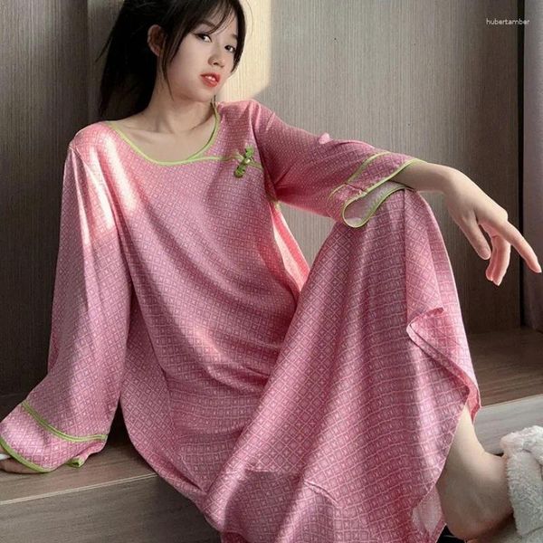 Ropa de dormir para mujer 2024 150 kg Tallas grandes Estilo chino Rana Manga larga Retro Impreso Camisón Verano Casual Pijamas sueltos Mujeres