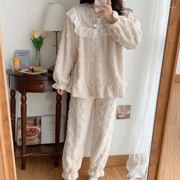 Ropa de dormir para mujer 2024 Otoño Invierno Cálido Coral Terciopelo Pijamas Conjunto Franela gruesa Manga larga Moda Acogedor Pantalones de pijama Traje Niñas PJS