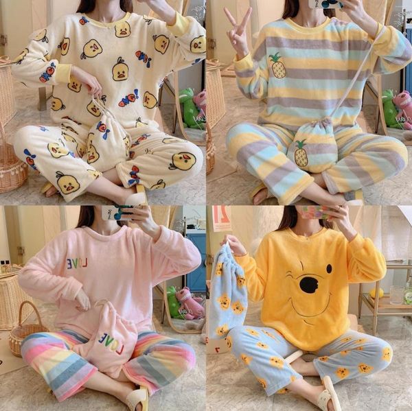 Vêtements de sommeil pour femmes 2024 dames hiver chauds décontractés pyjamas flanelle à domicile doux service caricot animé