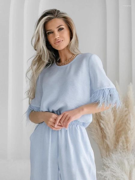 Vêtements de nuit pour femmes 2024 Plumes lâches Pyjama Ensembles Taille haute Nuit Wears pour femmes Col rond Manches courtes Blanc Bleu Home Vêtements