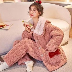 Dames slaapkleding 2024 Pyjama vrouwen winter koraal fluweel loungewear drielaags gevoerde katoenen zoete flanel huiskleding tweedelig pak
