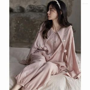 Pyjama en coton tissé pour femmes, vêtements de nuit, manches longues, doux pour la peau, ensemble ample, grande taille, vêtements de maison, printemps-automne, 2024